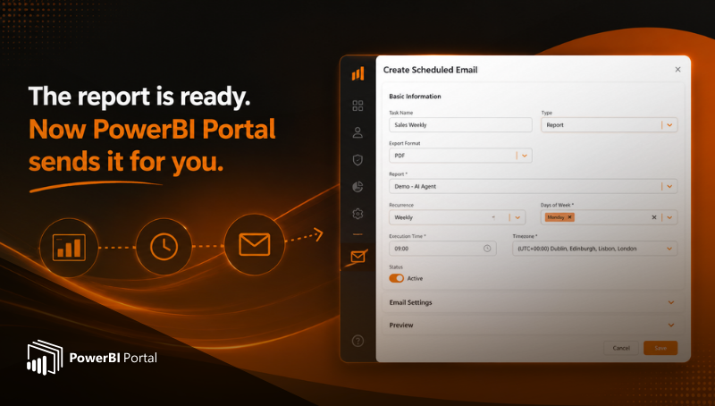 The report is ready. Now PowerBI Portal sends it for you. Introducing Scheduled Emails: automatic report delivery, built into the Portal.