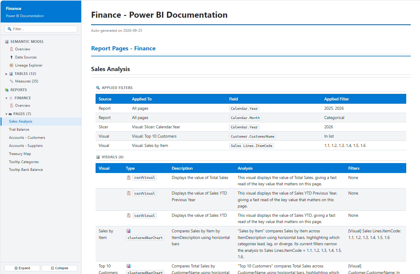 Power BI report page documentation in BI Assessment showing applied filters, visuals, fields and analysis